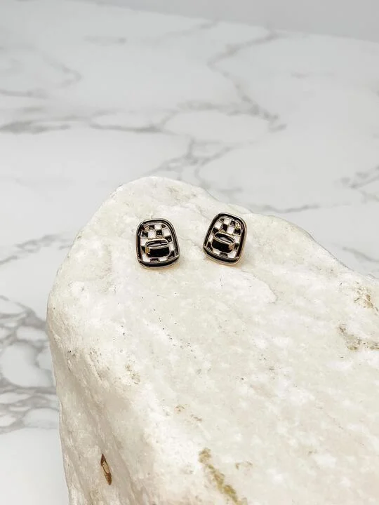 Stud Earrings with Textured Surface -Checkered Backpack Enamel Stud Earrings