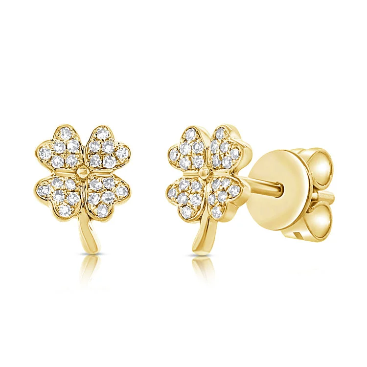 Stud Earrings with Debossed Designs -Elegant 14K Gold Four-Leaf Clover Diamond Stud Earrings