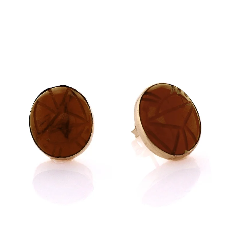 Stud Earrings for Travel Look -Estate 14k Yellow Gold Oval Agate Scarab Stud Earrings