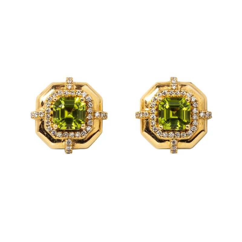 Ethnic Stud Earrings with Tribal Design -Goshwara Asscher Cut Peridot & Diamond 18K Yellow Gold Stud Earrings