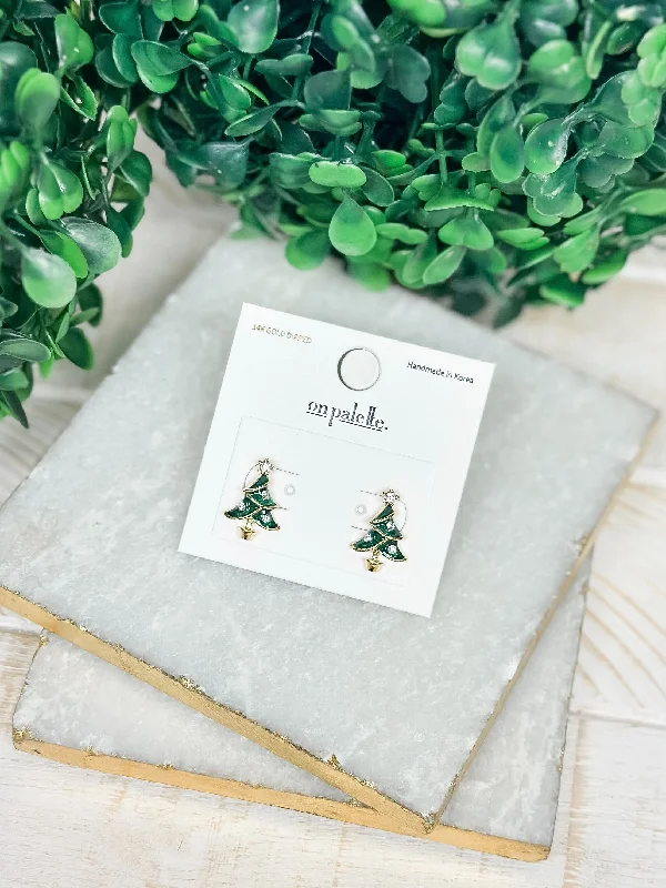 Stud Earrings with Hammered Finish -Green Christmas Tree Stud Earrings