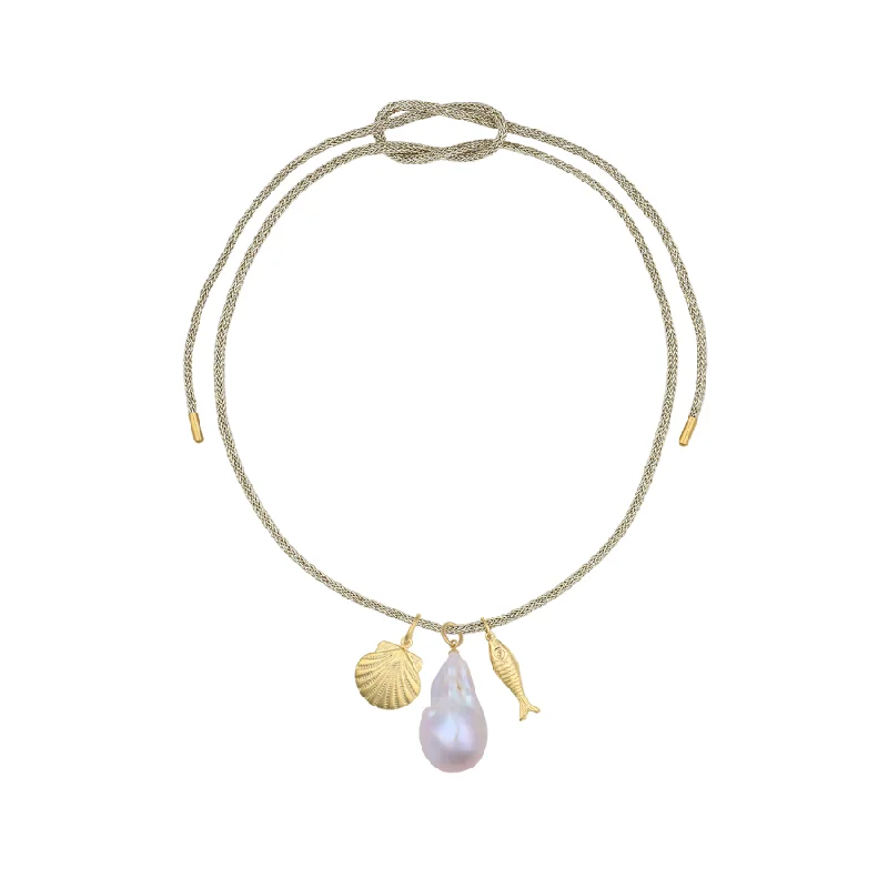 Best necklaces and pendants with black diamonds for an edgy, bold statement-OTM Exclusive: Lurex Cord Necklace With Gold Scallop, Baroque Pearl, Gold Fish Charms