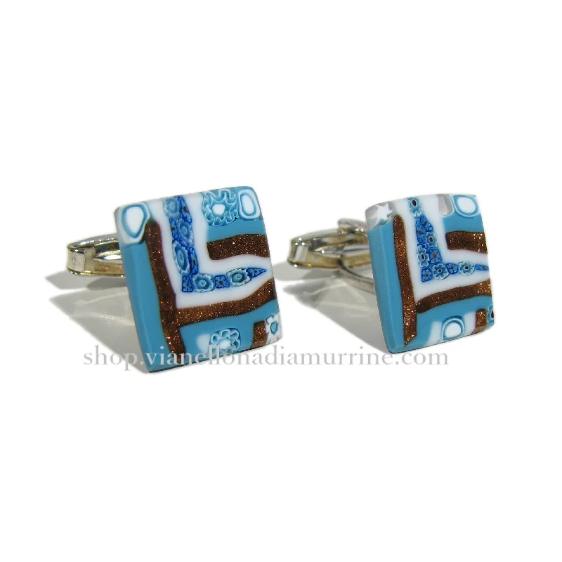 Best necklaces and pendants with statement designs for a fashionable accessory-Murano glass Full Aquamarine Cufflinks Quadrone set in 925 Silver