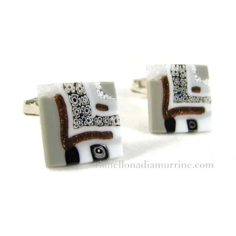 Necklaces and pendants with enamel accents for a colorful, eye-catching appearance-Murano glass Gray Cufflinks Quadrone set in 925 Silver