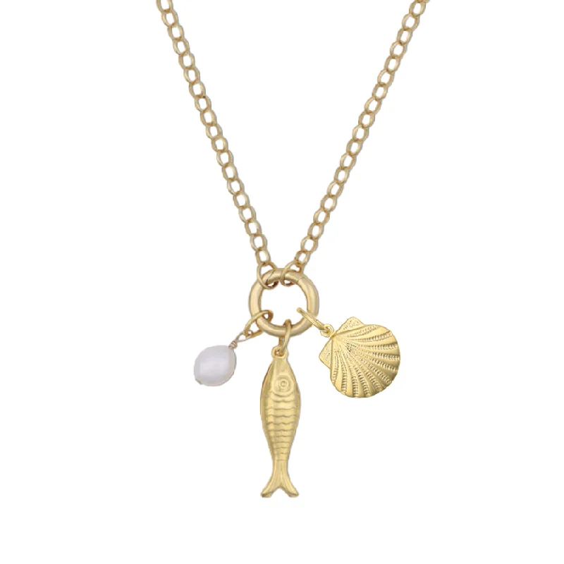 Necklaces and pendants with feather designs for a boho-chic, carefree vibe-OTM Exclusive: Percy Clip Necklace: Cloud Pearl, Gold Fish, Gold Scallop