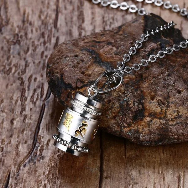 Necklaces and pendants with leaf-shaped designs for an earthy, organic feel-Stainless Steel Prayer Wheel Mantra Necklace