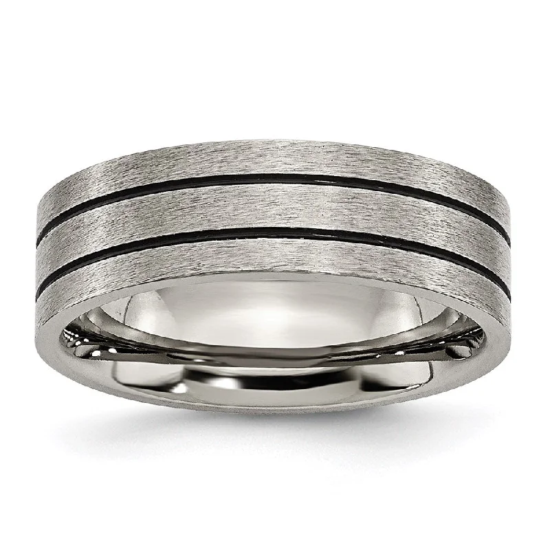 Layered necklaces and pendants for a trendy and fashionable stacked look-Titanium Black Enamel Flat Grooved 7mm Brushed Band | TB150