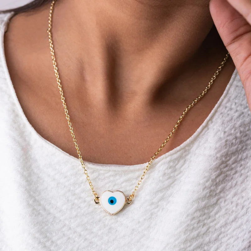 Necklaces and pendants with custom engravings for a personal, meaningful gift-White Heart Evil Eye Pendant - Necklace